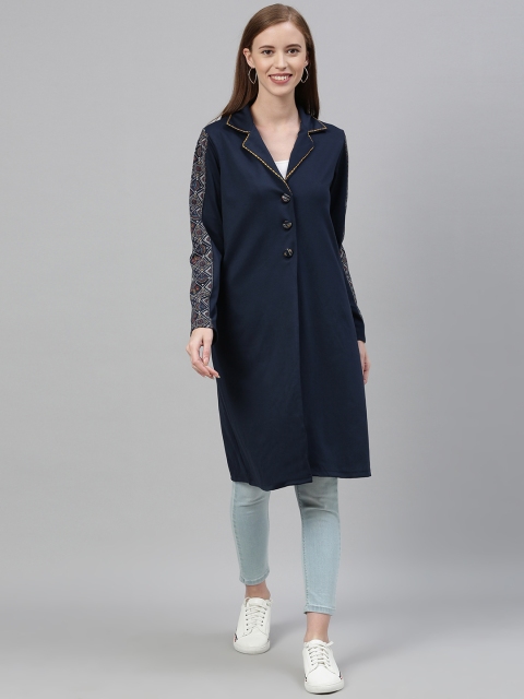 

Global Desi Women Navy Blue Solid Longline Tailored Jacket