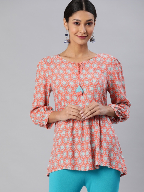 

Global Desi Women Coral Pink & Blue Floral Printed A-Line Top