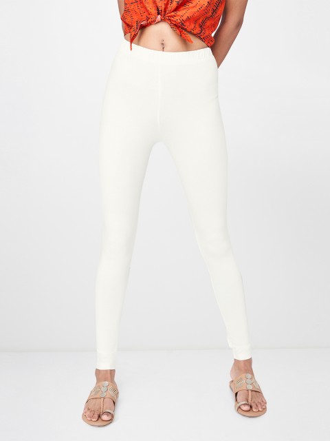 

Global Desi Women Off-White Solid Ankle Length Leggings