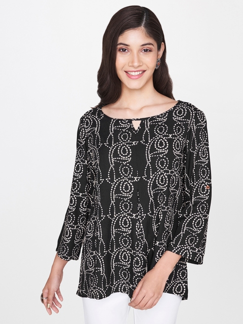 

Global Desi Black Printed Roll-Up Sleeves Keyhole Neck Regular Top