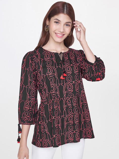 

Global Desi Women Black & Red Printed A-Line Top with Gathers