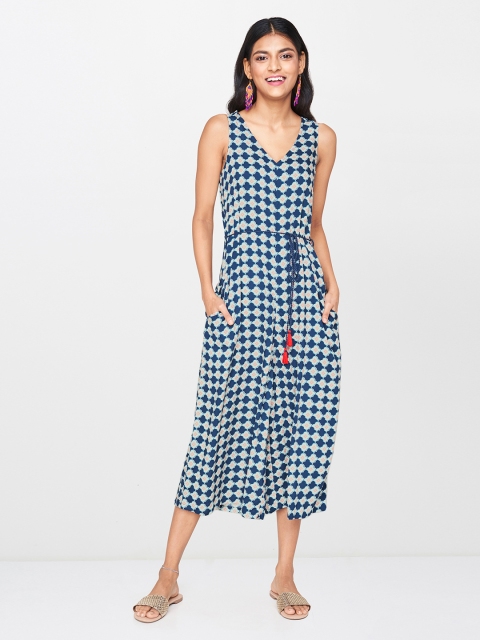 

Global Desi Women Navy Blue & Red Printed Basic Jumpsuit with Tie-Up Detail