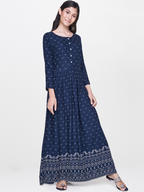 

Global Desi Women Navy Blue & White Printed Maxi Dress with Gathers