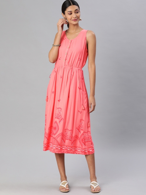 

Global Desi Women Pink Printed Fit and Flare Dress