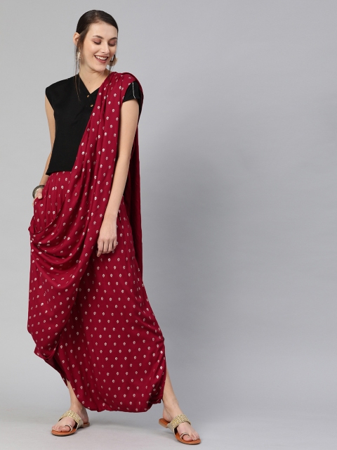 

Global Desi Maroon & Silver-Toned Printed Viscose Ready To Wear Dhoti Saree