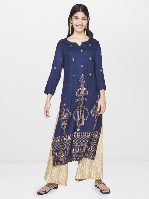 

Global Desi Women Navy Blue & Gold-Toned Printed Straight Kurta