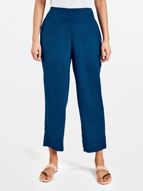 

Global Desi Women Blue Straight Fit Self Design Parallel Trousers