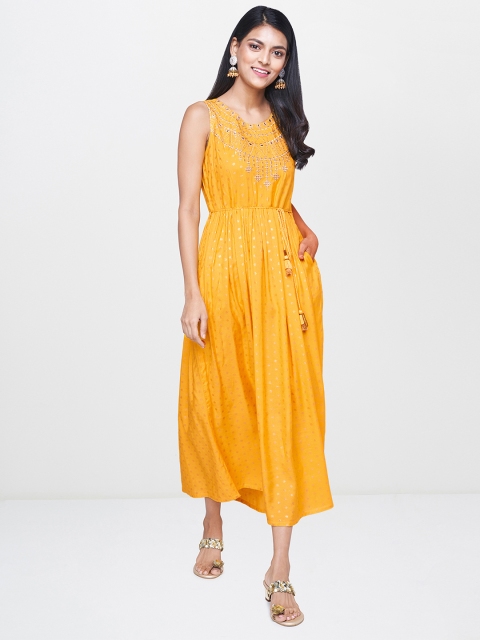 

Global Desi Women Yellow Embroidered Fit and Flare Dress with Mirror Work