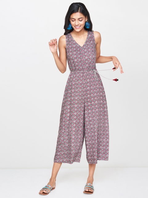 

Global Desi Women Grey & Maroon Printed Basic Jumpsuit with Tie-Up Detail