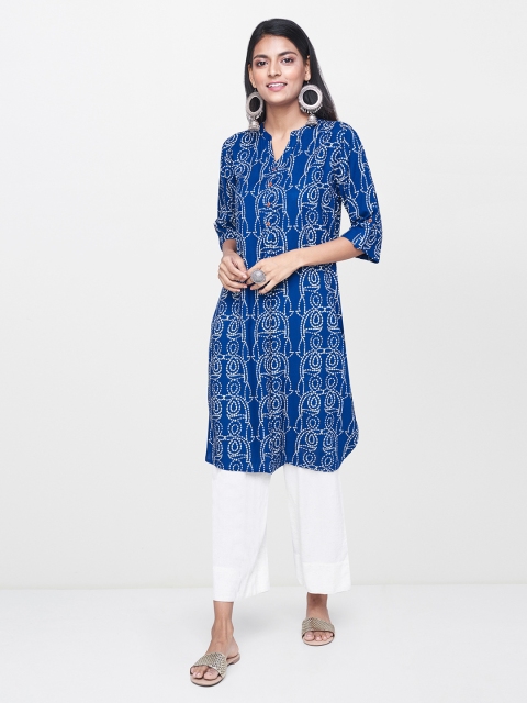 

Global Desi Women Blue & Cream-Coloured Bhandhani Printed Straight Kurta