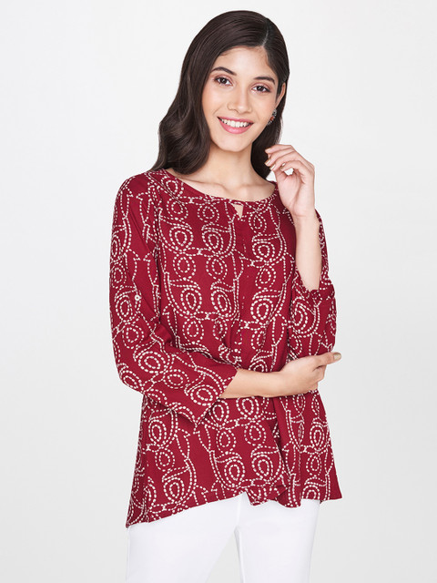 

Global Desi Women Maroon & Beige Bhandhani Printed Key Hole Neck Top