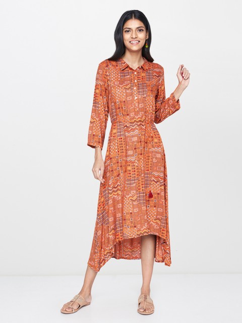 

Global Desi Women Rust Brown Printed A-Line Dress with Tie-Ups