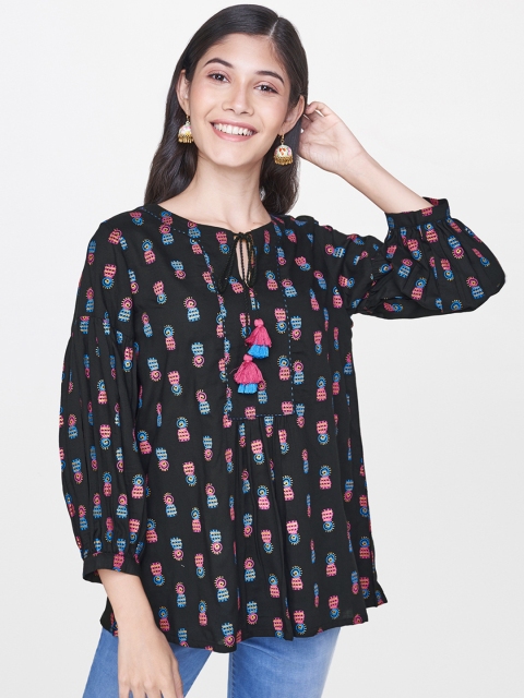 

Global Desi Women Black & Pink Printed Longline A-Line Top with Gathers