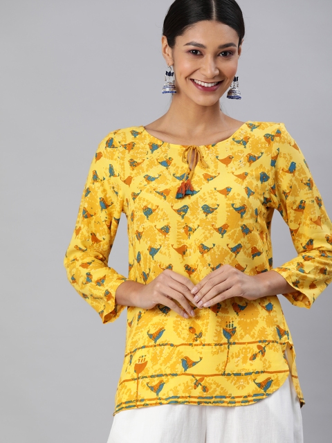 

Global Desi Women Mustard Yellow & Blue Printed Regular Top