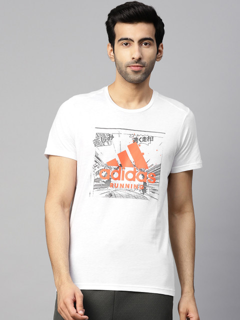

ADIDAS Men White & Orange Running Fast Graphic & Brand Logo Print T-Shirt