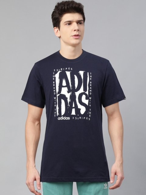 

ADIDAS Men Navy White Stamp Print Pure Cotton T-shirt, Navy blue