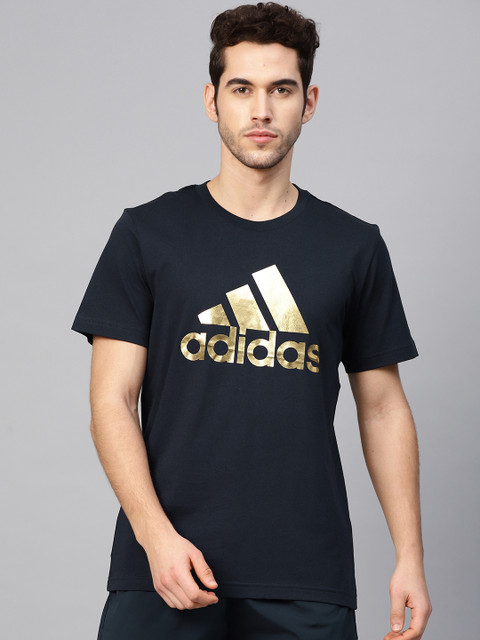 

ADIDAS Men Navy & Golden 8-BIT Graphic Foil Print T-shirt, Navy blue