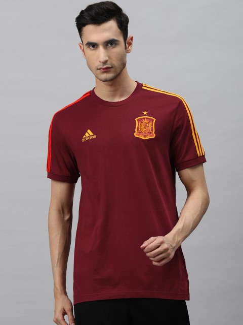 

ADIDAS Men Solid Spain 3-Stripes Pure Cotton Football T-shirt, Maroon