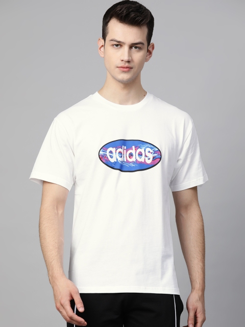 

ADIDAS Men White Solid Oval Pure Cotton T-shirt with Brand Logo Print Detail