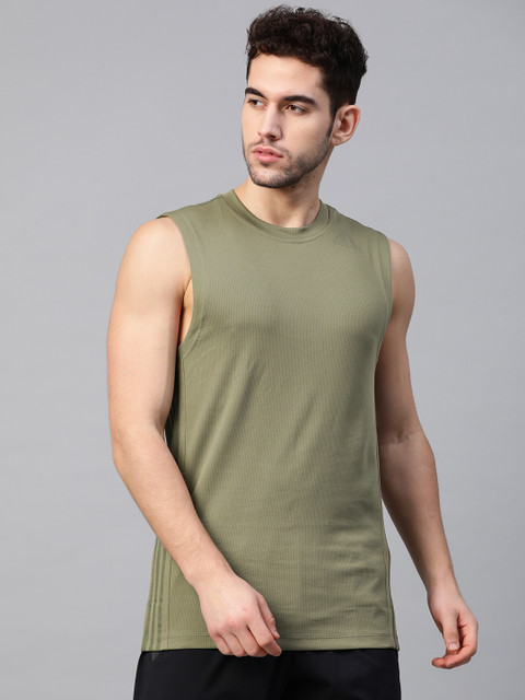 

ADIDAS Men Olive Green Solid Slim Fit Training Aeroready 3-Stripes T-Shirt