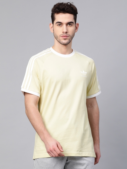 

ADIDAS Originals Men Yellow 3-Stripes Solid Round Neck Pure Cotton T-shirt