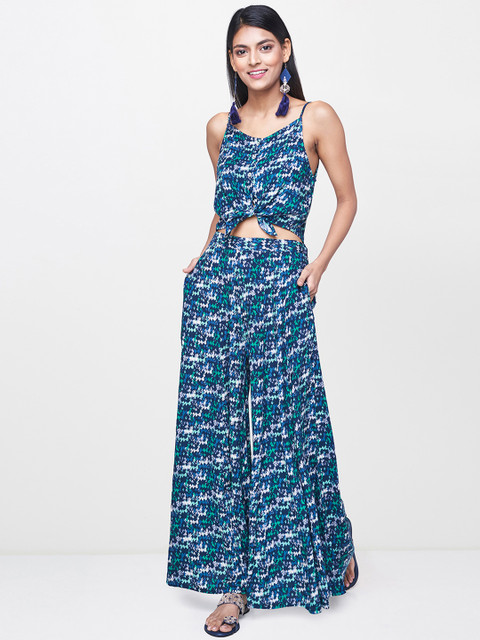

Global Desi Women Navy Blue & Sea Green Printed Top with Palazzos