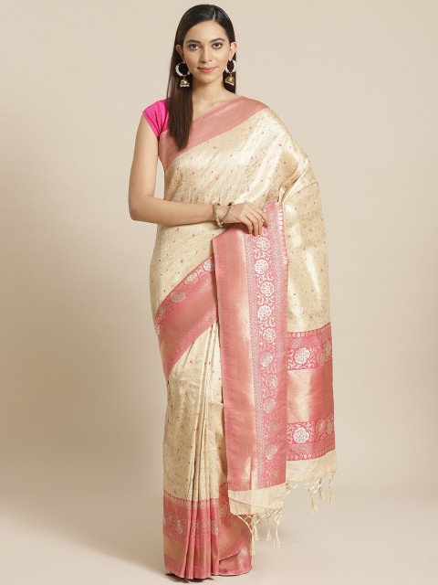 

Mitera Beige Golden Woven Design Zari Celebrity Liva Saree