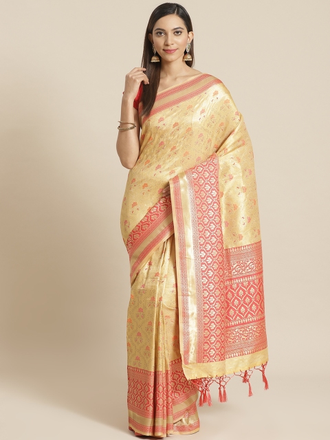 

Mitera Golden Orange Woven Design Liva Saree, Gold