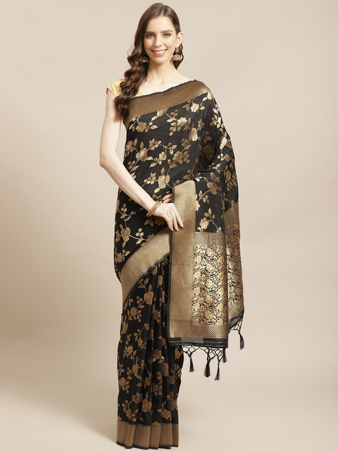

Mitera Black Golden Zari Woven Design Liva Saree