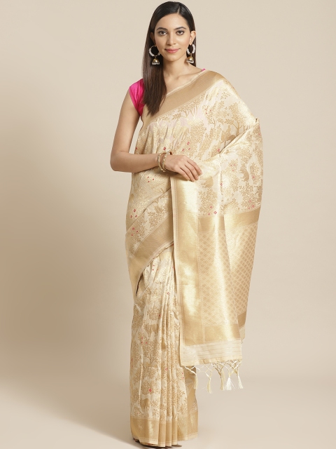 

Mitera Beige Golden Zari Woven Design Liva Saree