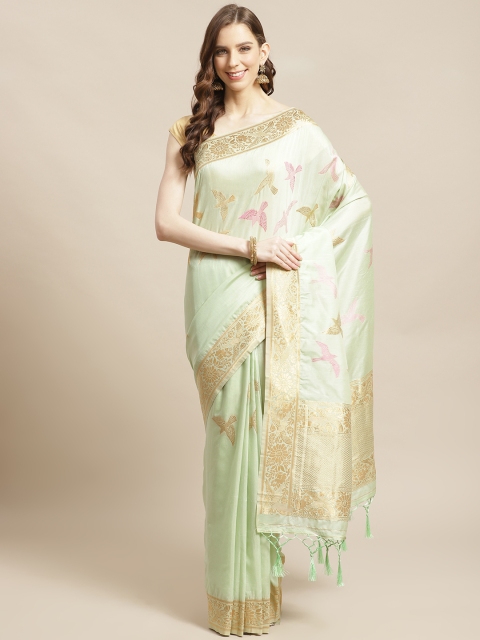 

Mitera Sea Green Golden Zari Woven Design Liva Saree