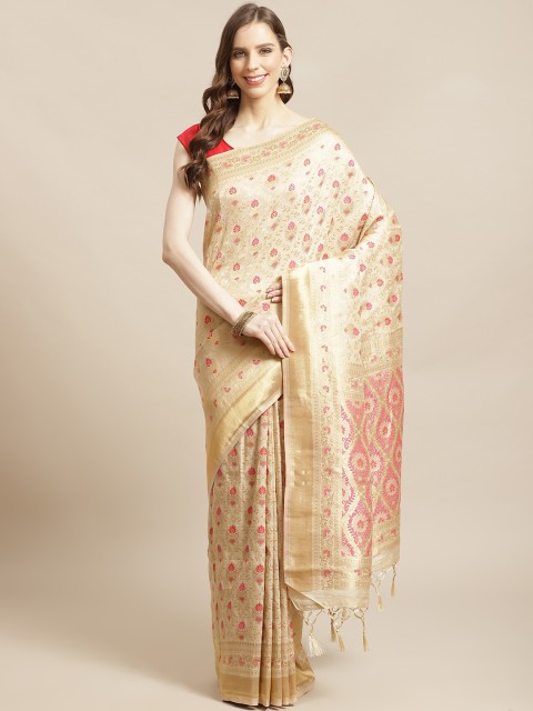 

Mitera Beige Pink Zari Woven Design Liva Saree