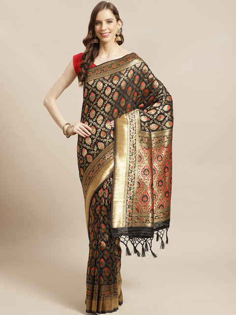 

Mitera Black Golden Zari Woven Design Liva Saree
