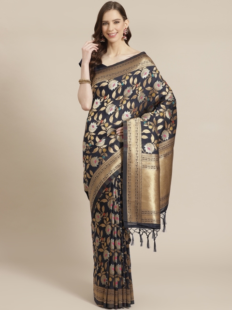 

Mitera Navy Blue Golden Zari Woven Design Liva Saree