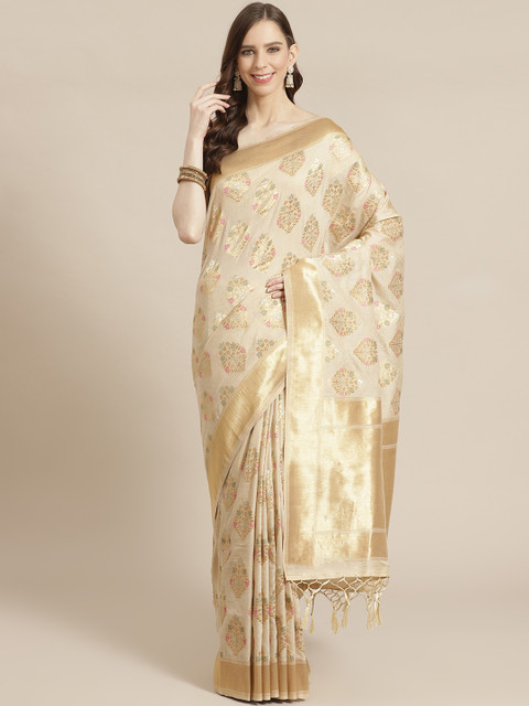 

Mitera Beige Golden Woven Design Liva Saree