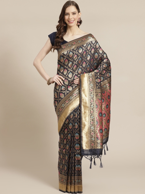 

Mitera Navy Blue Golden Zari Woven Design Liva Saree