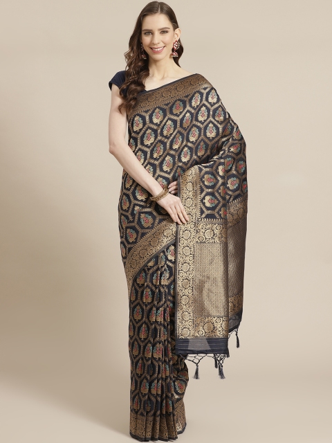 

Mitera Navy Blue Golden Silk Blend Zari Woven Design Celebrity Liva Saree