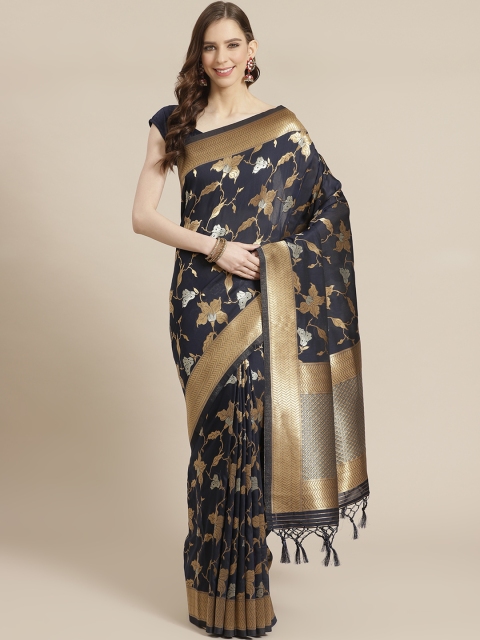

Mitera Navy Blue Golden Silk Blend Zari Woven Design Celebrity Liva Saree