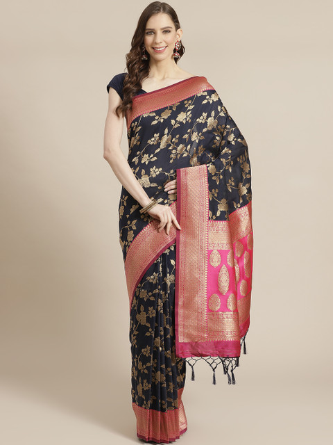 

Mitera Navy Blue Golden Silk Blend Ethnic Motifs Zari Woven Design Celebrity Liva Saree