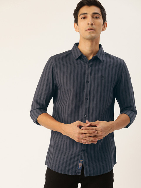 

Being Human Clothing Men Navy Blue & Black Slim Fit Striped Casual Shirt