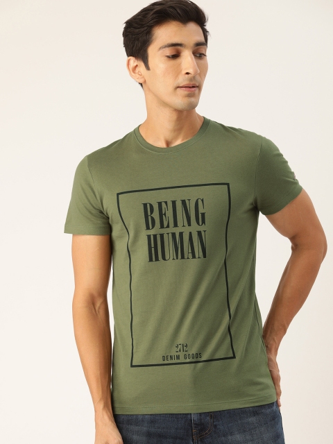 

Being Human Men Olive Green & Black Pure Cotton Printed Round Neck T-shirt