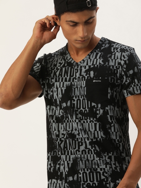 

Being Human Clothing Men Black & Grey Printed Round Neck T-shirt with Pocket