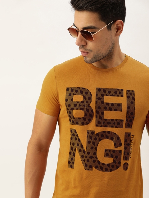 

Being Human Clothing Men Mustard Yellow Brand Logo Printed Round Neck T-shirt