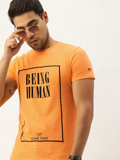 

Being Human Clothing Men Orange Brand Logo Printed Round Neck Pure Cotton T-shirt