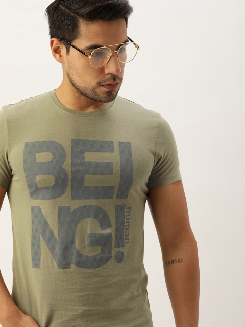 

Being Human Clothing Men Khaki Brand Logo Printed Round Neck T-shirt