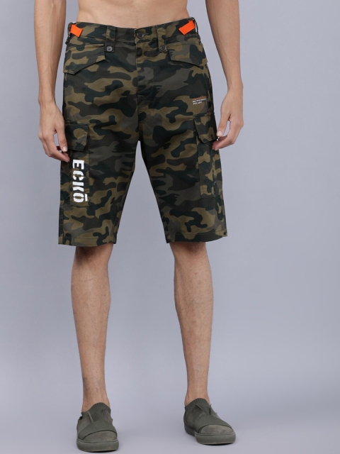 

Ecko Unltd Men Olive Green Printed Slim Fit Cargo Shorts