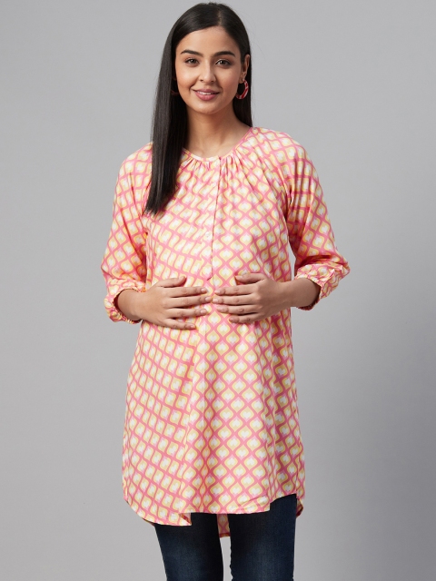 

anayna Women Pink & Yellow Ethnic Motifs Print Longline Maternity Top