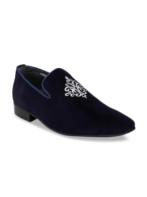 

Hitz Men Blue & White Solid Leather Formal Slip-Ons
