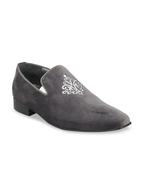 

Hitz Men Grey Leather Embroidered Formal Slip-Ons