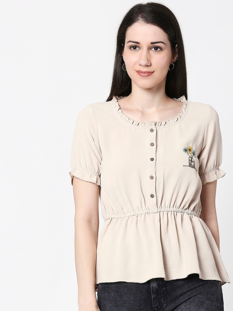 

TERQUOIS Women Beige Solid Cinched Waist Top